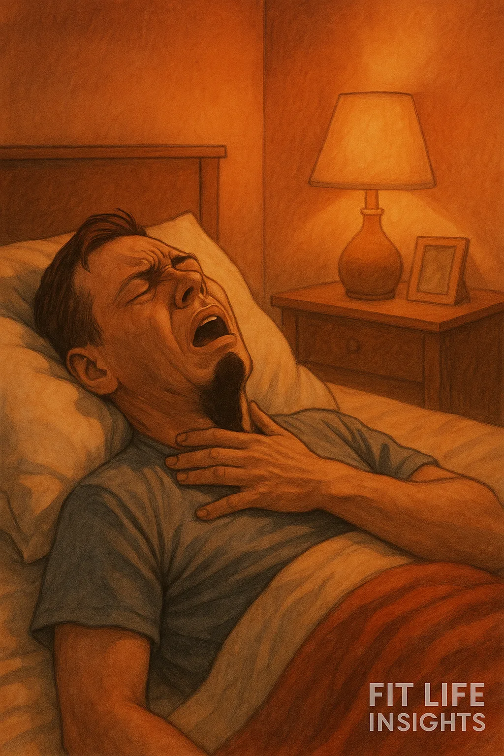 Visual depiction of obstructive sleep apnoea in a sleeper, highlighting airway blockage and temperature-induced sleep disturbance.