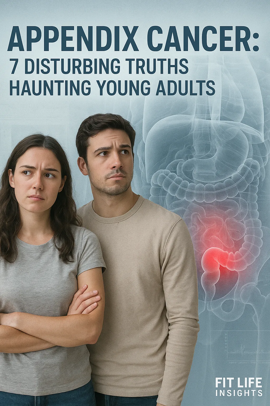 Young adults with appendix cancer awareness graphic in background.