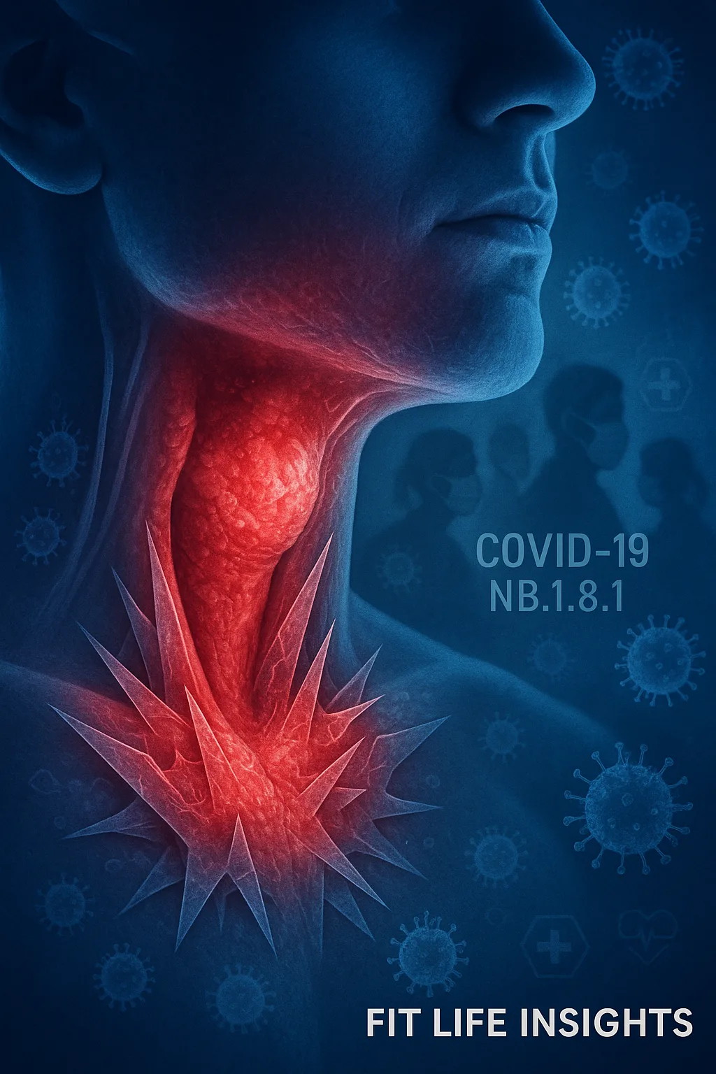 Conceptual medical illustration showing a human throat with inflamed tissue and razor blade-like textures symbolizing severe sore throat pain, surrounded by COVID-19 virus particles representing the NB1.8.1 'Razor Blade Throat' variant.