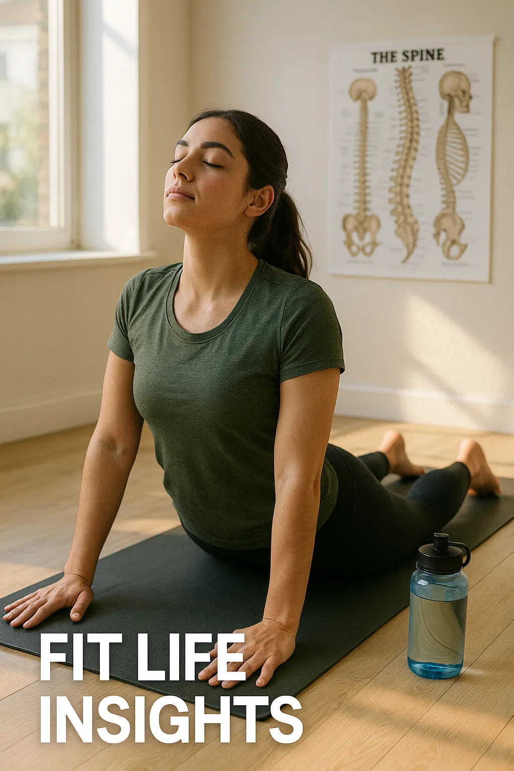 A young adult stretching their back on a yoga mat in natural light, representing exercises to relieve back pain.