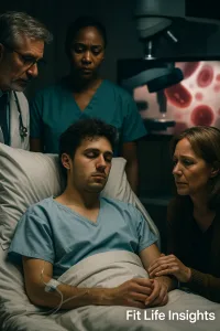 A young patient undergoing treatment for Acute Myeloid Leukaemia, with doctors and loved ones providing support, symbolizing the intensity of AML care.
