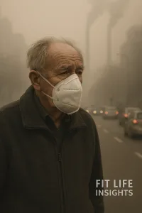 Elderly man wearing an N95 mask on a polluted city street, representing the growing link between air pollution and dementia risk.