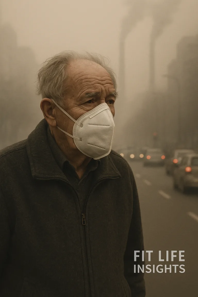 Elderly man wearing an N95 mask on a polluted city street, representing the growing link between air pollution and dementia risk.