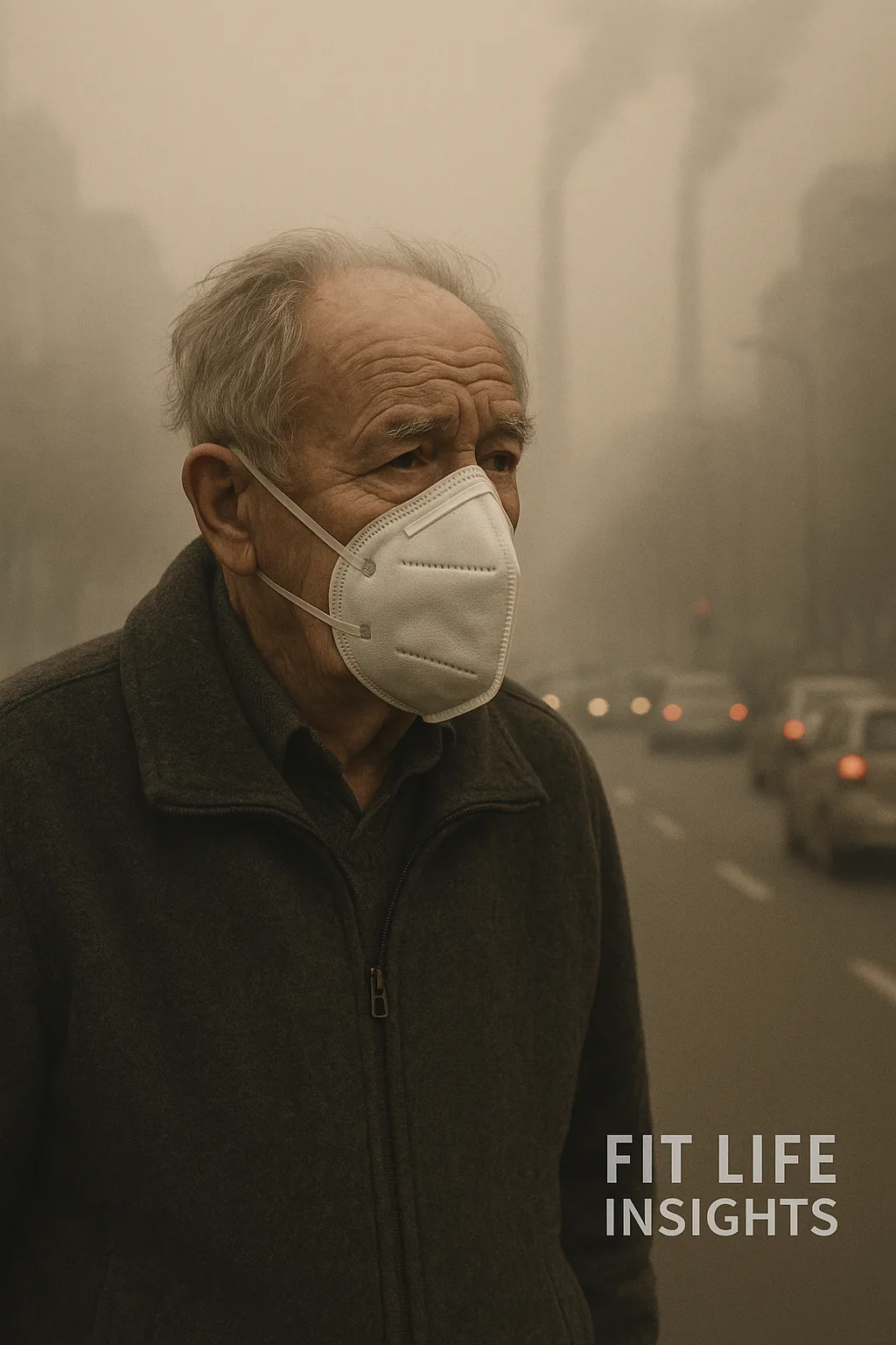 Elderly man wearing an N95 mask on a polluted city street, representing the growing link between air pollution and dementia risk.
