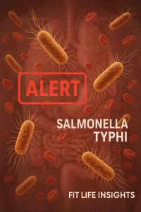 Illustration of Salmonella Typhi bacteria in the bloodstream with warning signs, symbolizing the rising threat of drug-resistant Typhoid Fever.