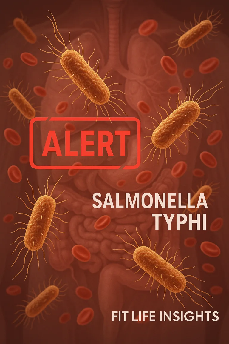 Illustration of Salmonella Typhi bacteria in the bloodstream with warning signs, symbolizing the rising threat of drug-resistant Typhoid Fever.