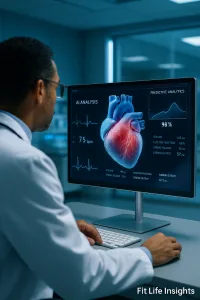 Cardiologist examining Artificial Intelligence-analysed heart scan with predictive ECG data on futuristic monitor in high-tech clinical setting.
