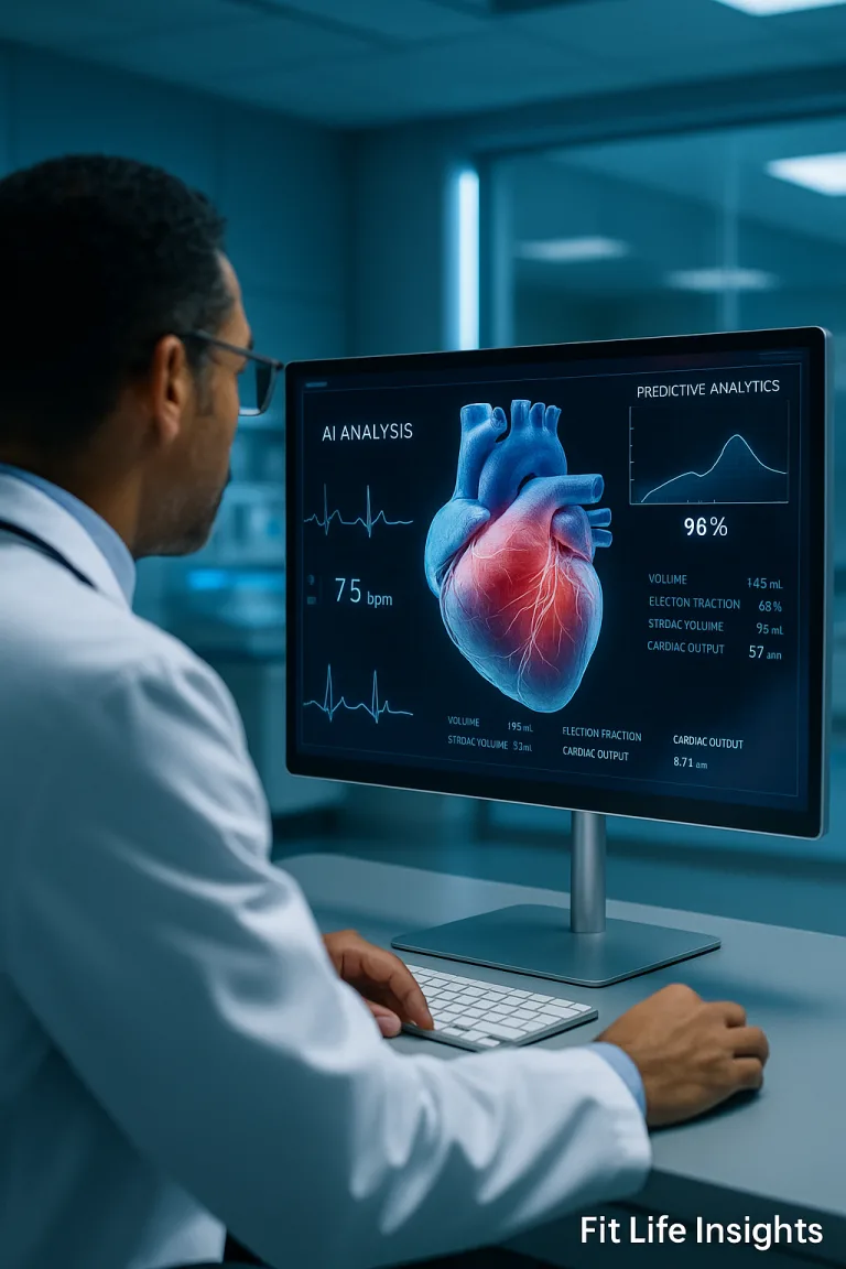 Cardiologist examining Artificial Intelligence-analysed heart scan with predictive ECG data on futuristic monitor in high-tech clinical setting.