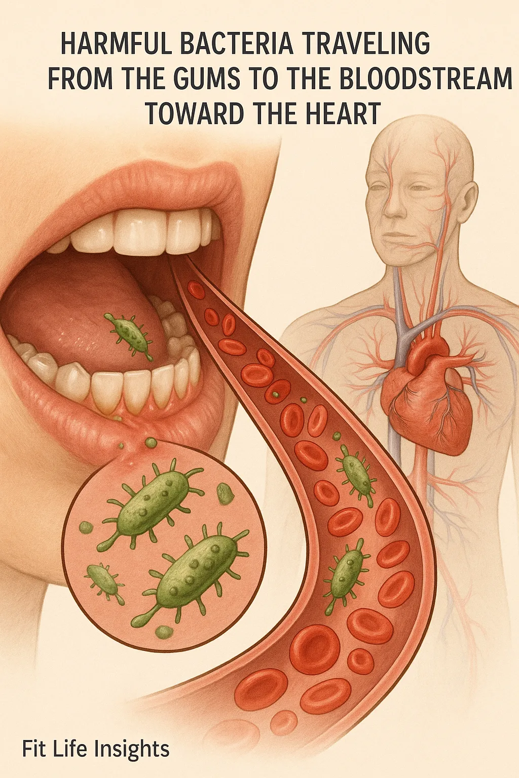 "Realistic medical illustration showing hidden oral bacteria traveling from gums to the heart, increasing the risk of heart attack."