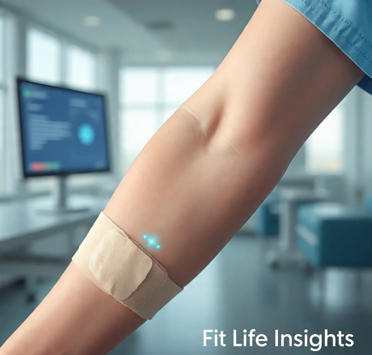 Realistic description of the a-Heal smart bandage, an AI-powered wound-healing device with embedded sensors glowing softly on a patient's arm, representing advanced AI in Healthcare and faster recovery.